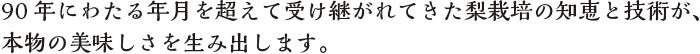 90年にわたる年月を超えて受け継がれてきた梨栽培の知恵と技術が、本物の美味しさを生み出します。